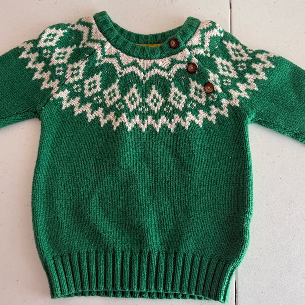 MINI BODEN Green Fair Isle Yoke Knit Sweater Shoulder Buttons 4-5Y